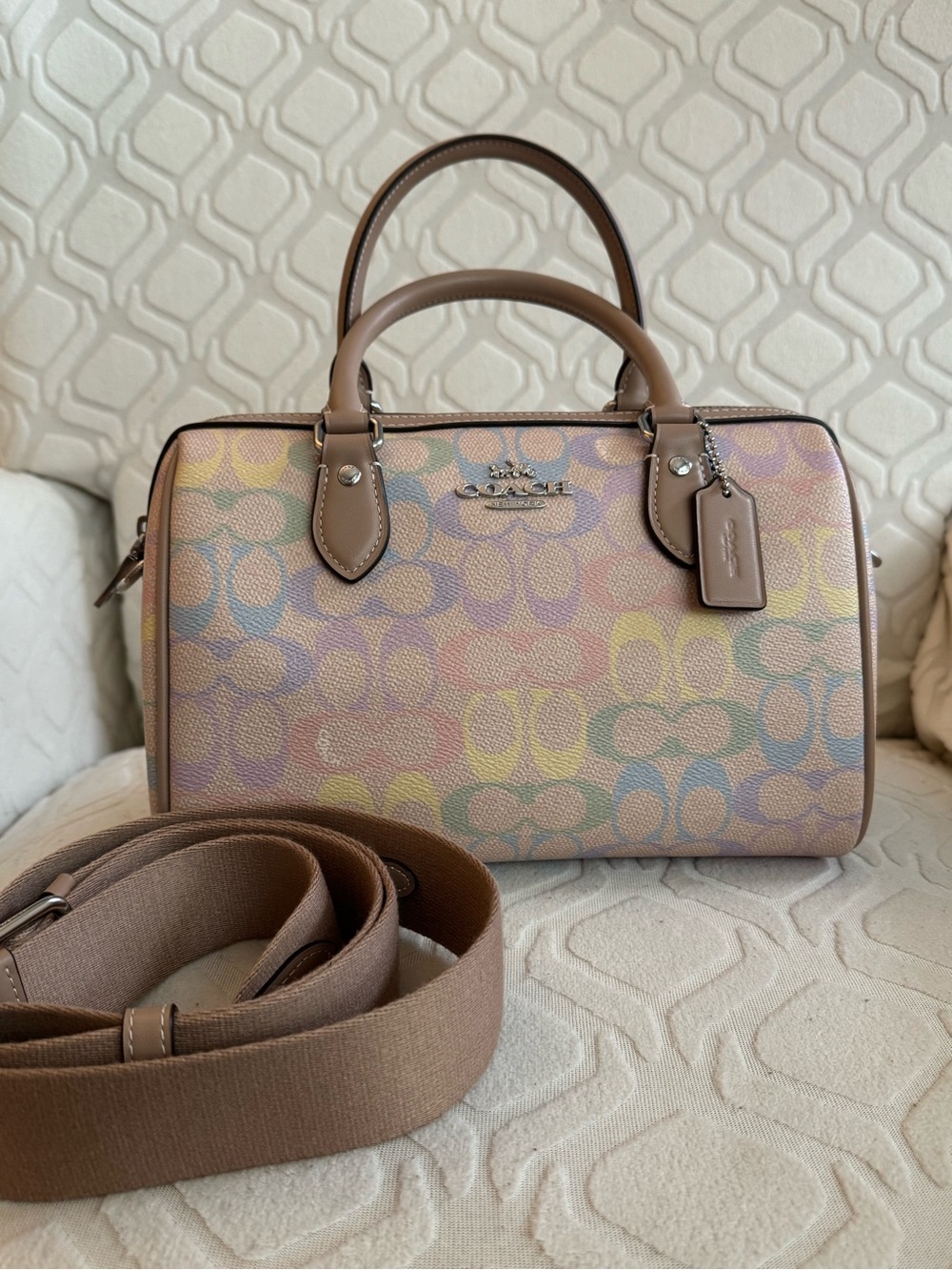 Coach Rowan Pastel Multicolor Signature Satchel with Taupe Trim